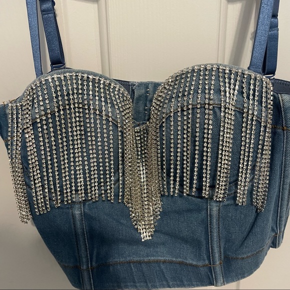 Denim corset top, sequin fringe, S, NWOT - Picture 5 of 6